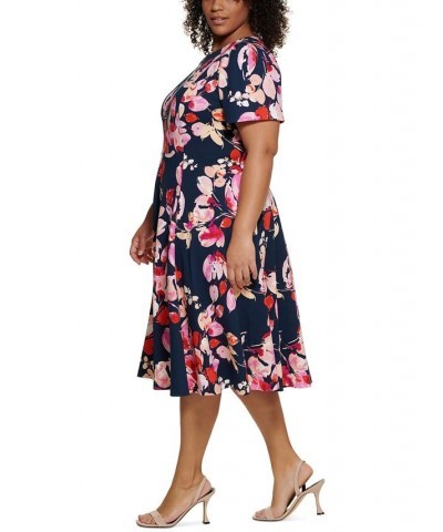 Plus Size Printed Scuba Crepe Short-Sleeve Dress Indigo Multi $34.76 Dresses