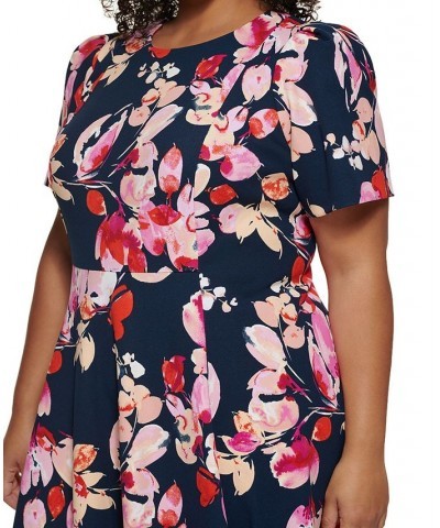 Plus Size Printed Scuba Crepe Short-Sleeve Dress Indigo Multi $34.76 Dresses