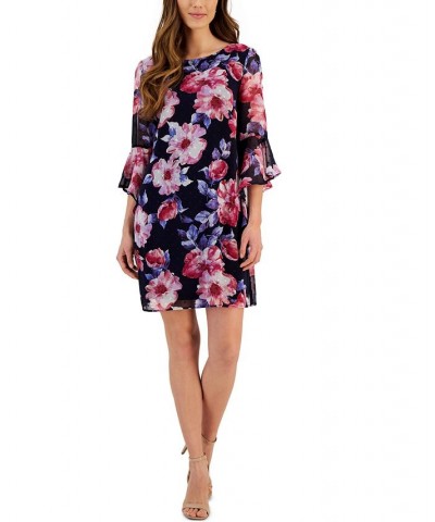 Women's Swiss-Dot Floral-Print Bell-Sleeve Dress Navy/Fuschia $42.72 Dresses