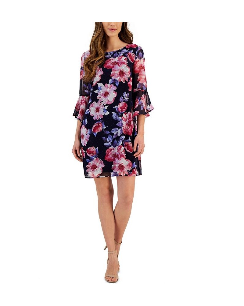 Women's Swiss-Dot Floral-Print Bell-Sleeve Dress Navy/Fuschia $42.72 Dresses