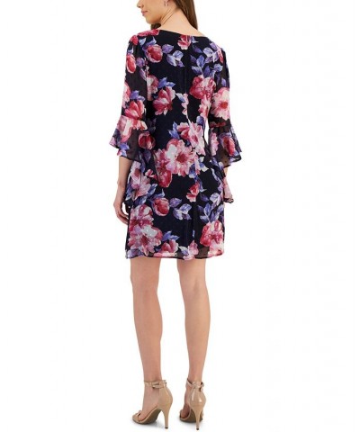 Women's Swiss-Dot Floral-Print Bell-Sleeve Dress Navy/Fuschia $42.72 Dresses