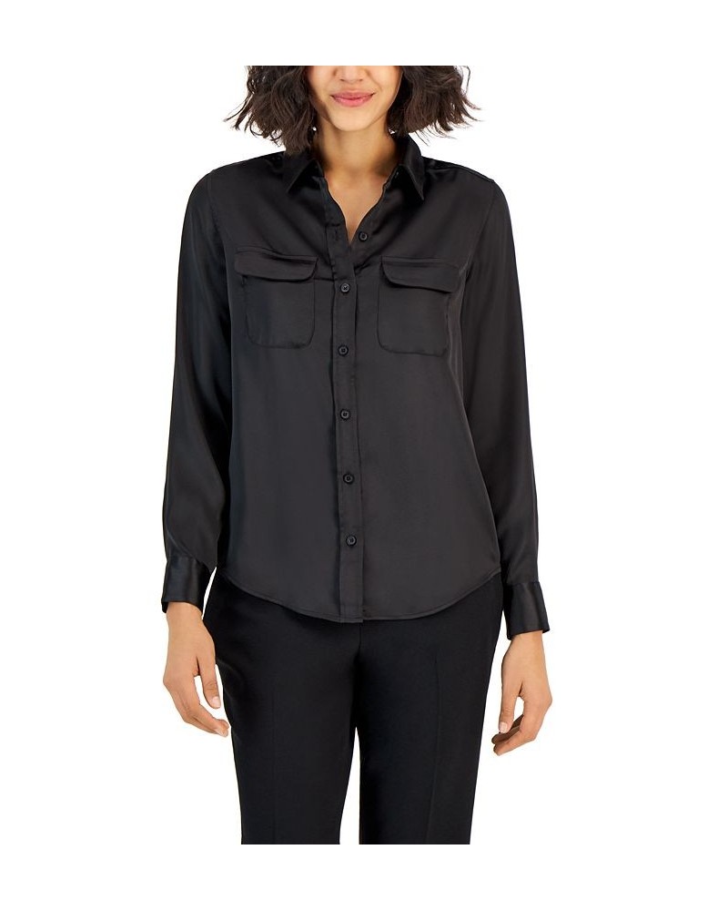 Women's Satin Collared Utility Blouse Black $22.82 Tops