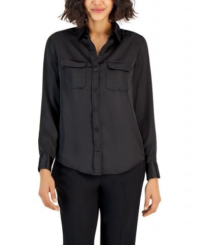 Women's Satin Collared Utility Blouse Black $22.82 Tops