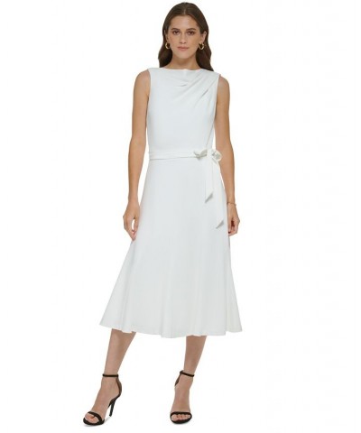 Women's Draped-Neck Sleeveless Tie-Belted Dress Ivory $59.60 Dresses