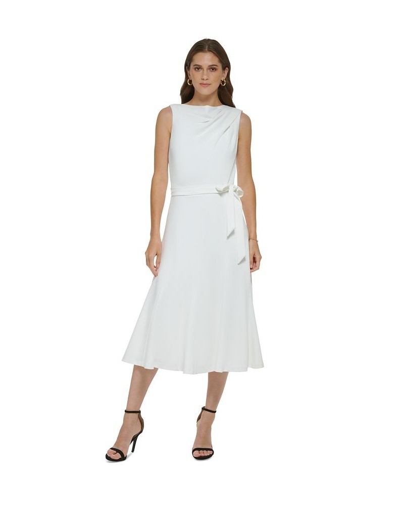 Women's Draped-Neck Sleeveless Tie-Belted Dress Ivory $59.60 Dresses