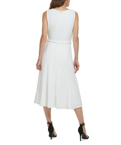 Women's Draped-Neck Sleeveless Tie-Belted Dress Ivory $59.60 Dresses