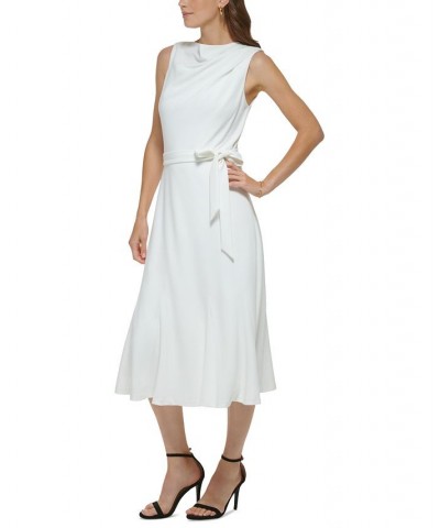 Women's Draped-Neck Sleeveless Tie-Belted Dress Ivory $59.60 Dresses