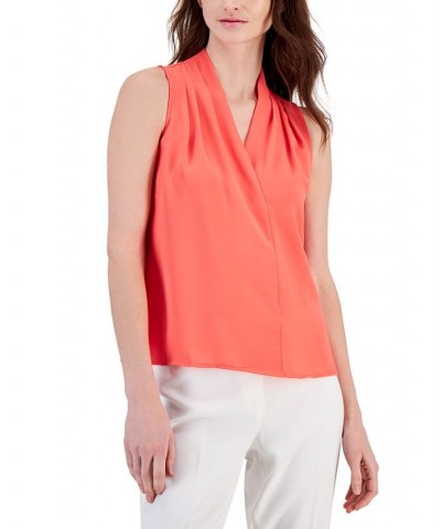 Women's V-Neck Sleeveless Pleat-Shoulder Top Red $45.39 Tops