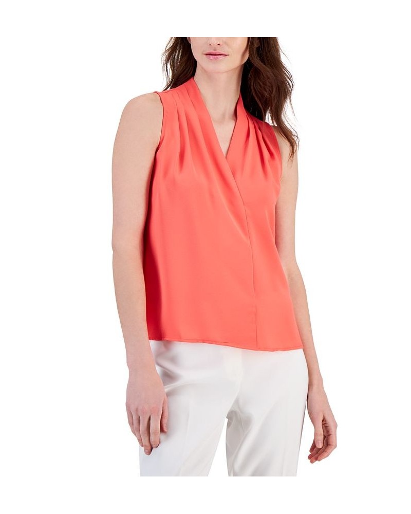 Women's V-Neck Sleeveless Pleat-Shoulder Top Red $45.39 Tops