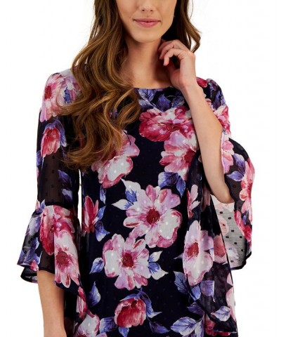 Women's Swiss-Dot Floral-Print Bell-Sleeve Dress Navy/Fuschia $42.72 Dresses