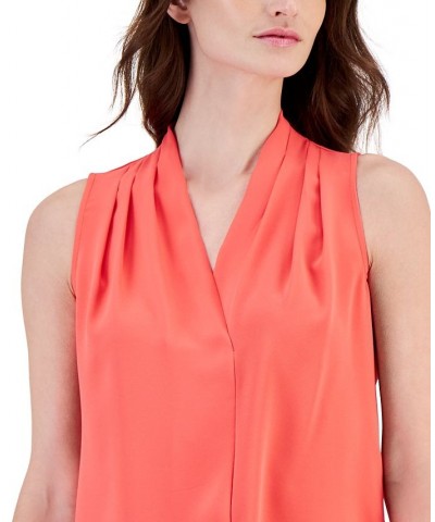 Women's V-Neck Sleeveless Pleat-Shoulder Top Red $45.39 Tops