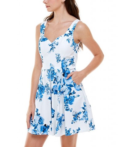 Juniors' Pleated Floral-Print Dress White/Blue $31.86 Dresses