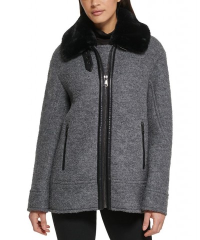 Women's Faux-Fur-Collar Moto Coat Gray $73.50 Coats