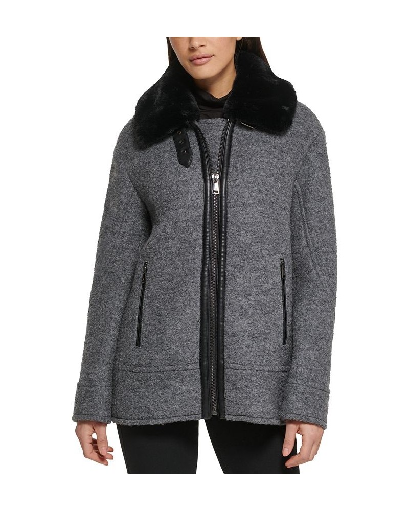 Women's Faux-Fur-Collar Moto Coat Gray $73.50 Coats