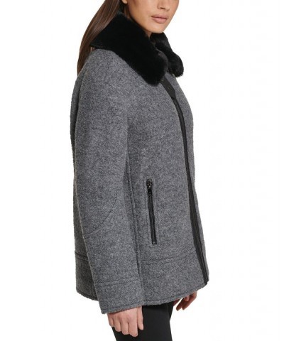 Women's Faux-Fur-Collar Moto Coat Gray $73.50 Coats