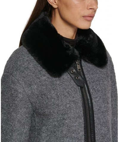 Women's Faux-Fur-Collar Moto Coat Gray $73.50 Coats