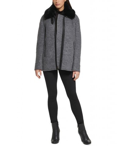 Women's Faux-Fur-Collar Moto Coat Gray $73.50 Coats