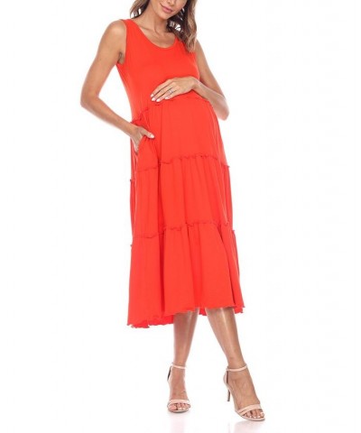 Women's Maternity Scoop Neck Tiered Midi Dress Red $32.64 Dresses