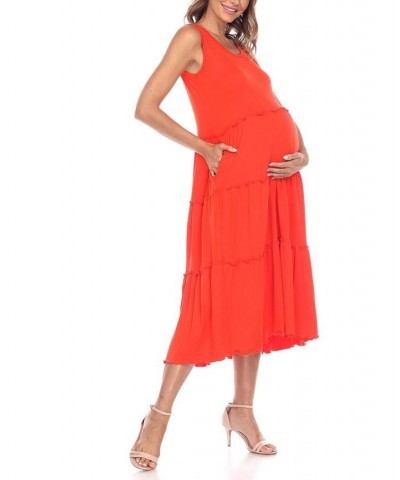 Women's Maternity Scoop Neck Tiered Midi Dress Red $32.64 Dresses