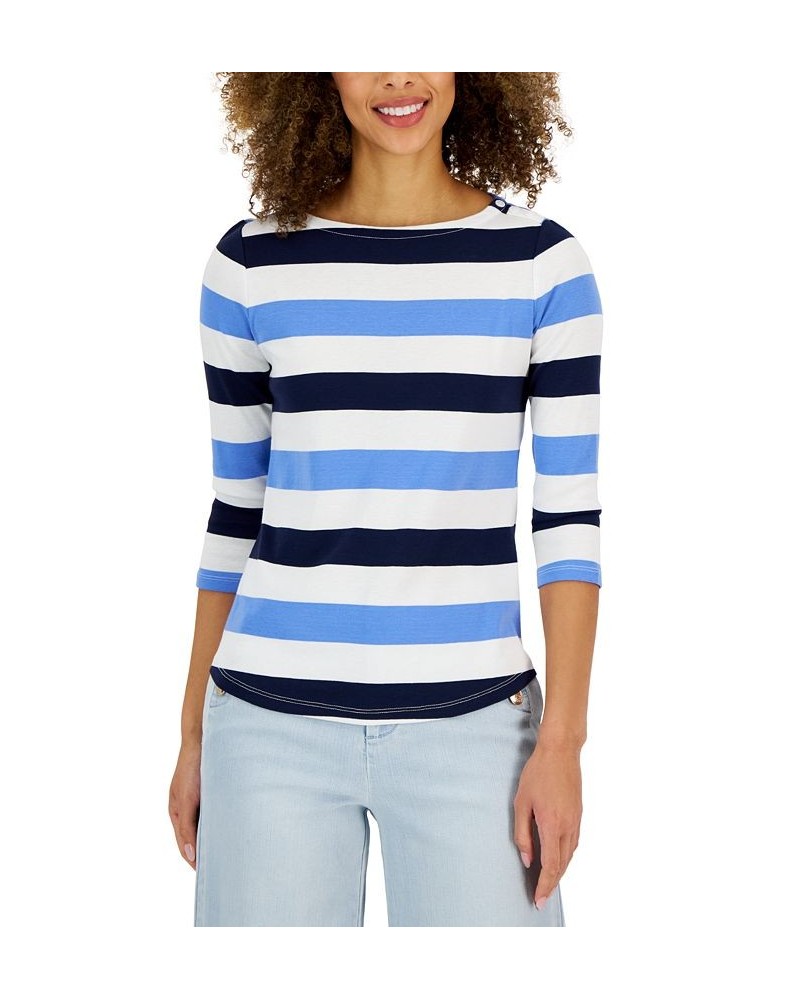 Women's Striped Boat-Neck 3/4-Sleeve Top Intrepid Blue Combo $12.99 Tops