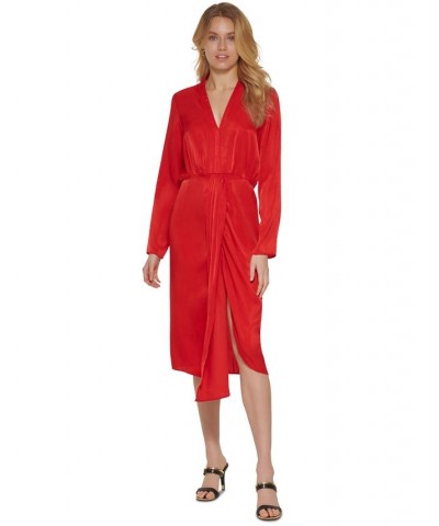 Women's Faux-Wrap Long-Sleeve Satin Dress Scarlet $24.32 Dresses