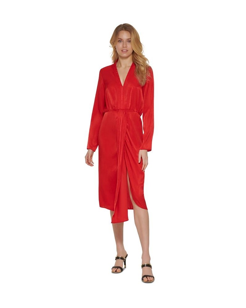 Women's Faux-Wrap Long-Sleeve Satin Dress Scarlet $24.32 Dresses