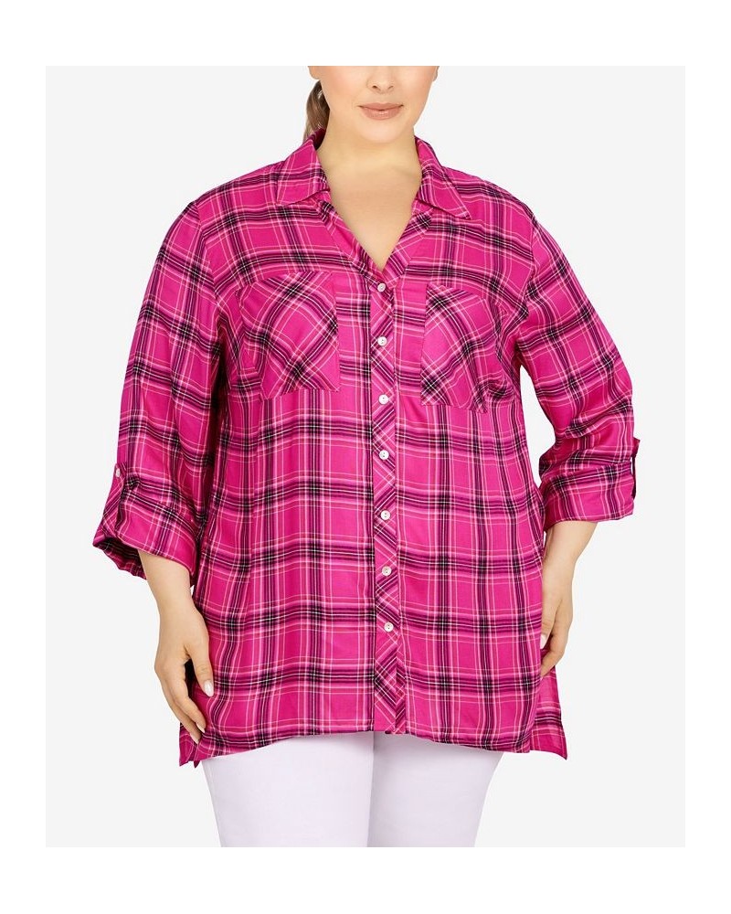 Plus Size Flannel Top Fuchsia Multi $40.70 Tops