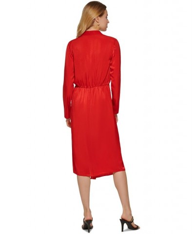 Women's Faux-Wrap Long-Sleeve Satin Dress Scarlet $24.32 Dresses