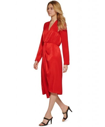 Women's Faux-Wrap Long-Sleeve Satin Dress Scarlet $24.32 Dresses