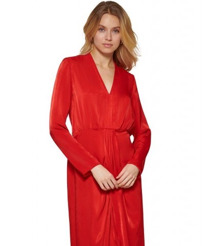 Women's Faux-Wrap Long-Sleeve Satin Dress Scarlet $24.32 Dresses