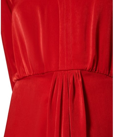 Women's Faux-Wrap Long-Sleeve Satin Dress Scarlet $24.32 Dresses