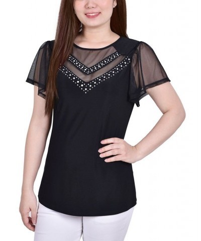 Women's Studded Top with Mesh Details Black $12.71 Tops