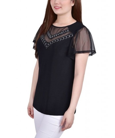 Women's Studded Top with Mesh Details Black $12.71 Tops