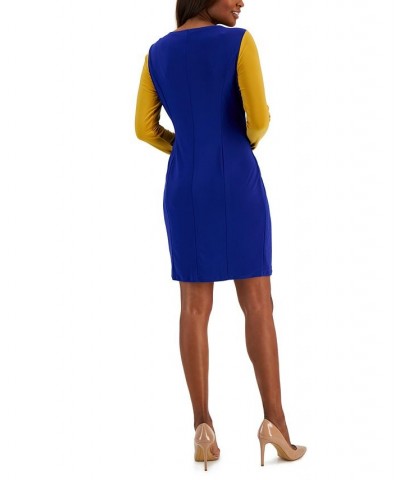 Women's Colorblock Knot-Neck Bodycon Dress Kasper Gold/Royal Blue $27.53 Dresses