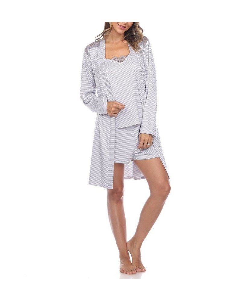 Women's 3 Piece Striped Pajama Robe Set Gray $34.45 Sleepwear