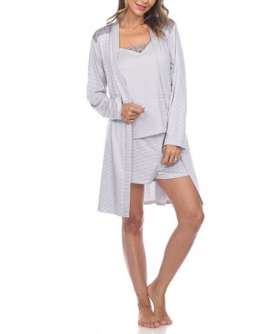 Women's 3 Piece Striped Pajama Robe Set Gray $34.45 Sleepwear