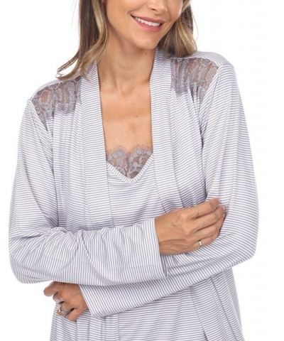 Women's 3 Piece Striped Pajama Robe Set Gray $34.45 Sleepwear