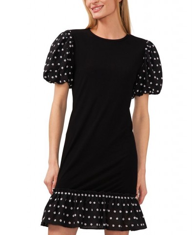 Women's Embroidered Eyelet Puffed Sleeve Dress Rich Black $52.32 Dresses