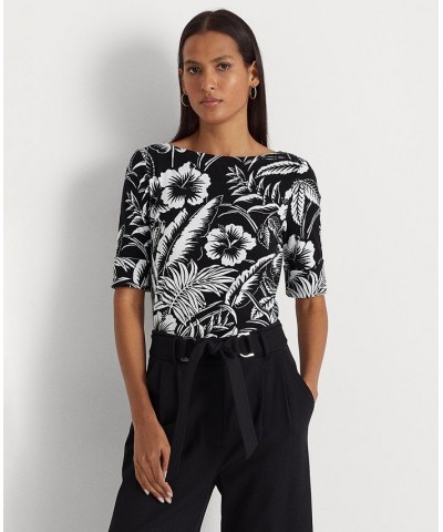 Women's Floral Stretch Cotton T-Shirt Black/white $32.67 Tops