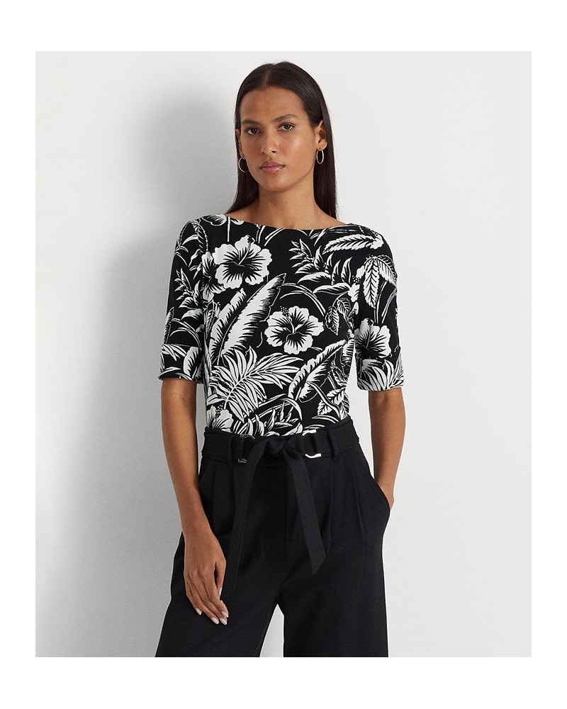 Women's Floral Stretch Cotton T-Shirt Black/white $32.67 Tops