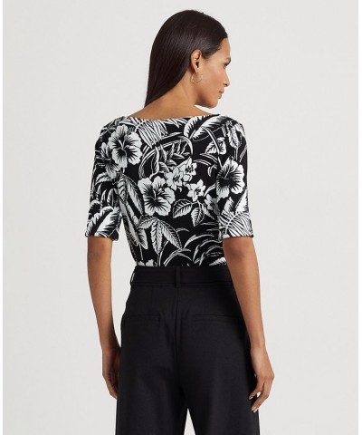 Women's Floral Stretch Cotton T-Shirt Black/white $32.67 Tops