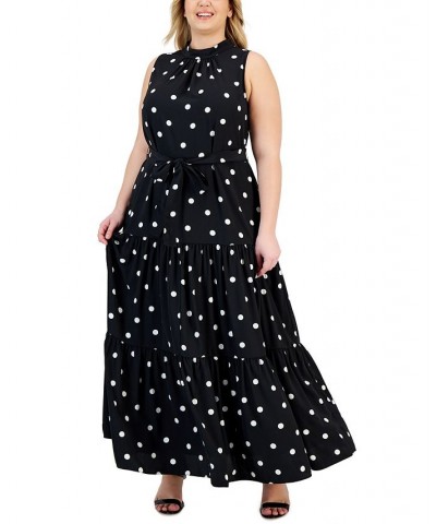 Plus Size Printed Tiered Tie Neck Maxi Dress Anne Black/ Anne White $52.47 Dresses