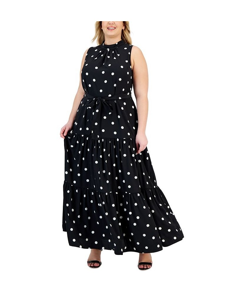 Plus Size Printed Tiered Tie Neck Maxi Dress Anne Black/ Anne White $52.47 Dresses