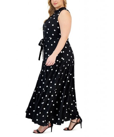 Plus Size Printed Tiered Tie Neck Maxi Dress Anne Black/ Anne White $52.47 Dresses