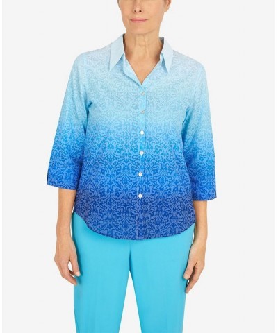 Women's Cool Vibrations Button Down Ombre Medallion Burnout Top Ocean Blue $35.45 Tops