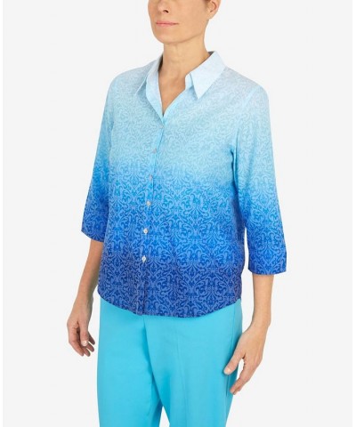 Women's Cool Vibrations Button Down Ombre Medallion Burnout Top Ocean Blue $35.45 Tops