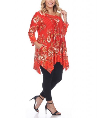 Women's Plus Size Floral Printed Tunic Top Red, White $30.38 Tops