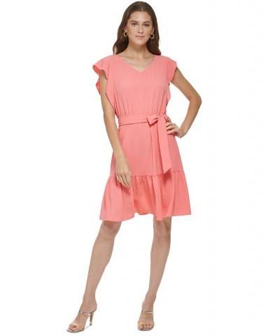 Petite Ruffle-Sleeved Tie-Waist Dress Sunkist Coral $57.60 Dresses