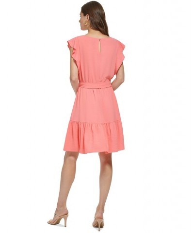 Petite Ruffle-Sleeved Tie-Waist Dress Sunkist Coral $57.60 Dresses