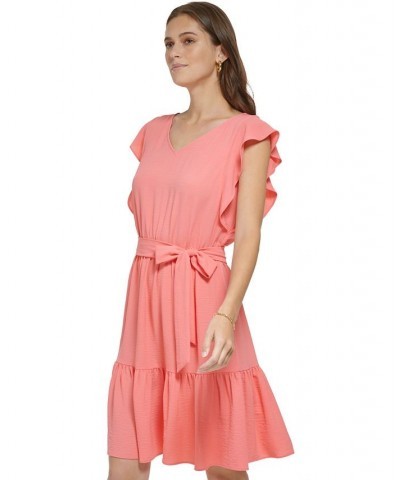 Petite Ruffle-Sleeved Tie-Waist Dress Sunkist Coral $57.60 Dresses